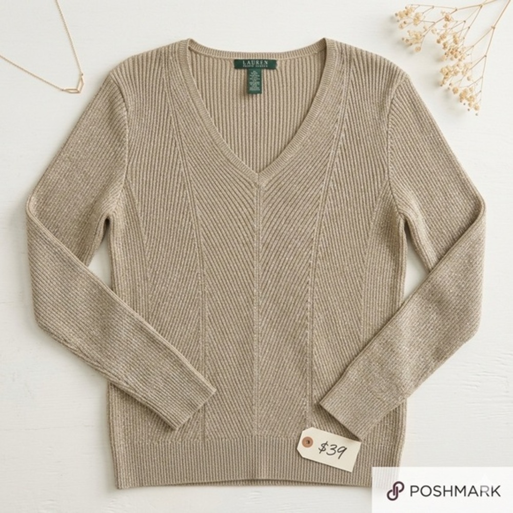 Lauren Ralph Lauren Gold Metallic V-Neck Sweater XL Shimmer Ribbed Knit
